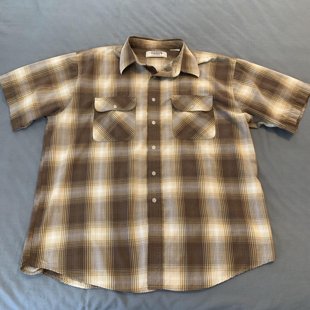 Big Mac Workwear Shirt Mens 2XL Brown Plaid Short Sleeve Button Front Casual‎